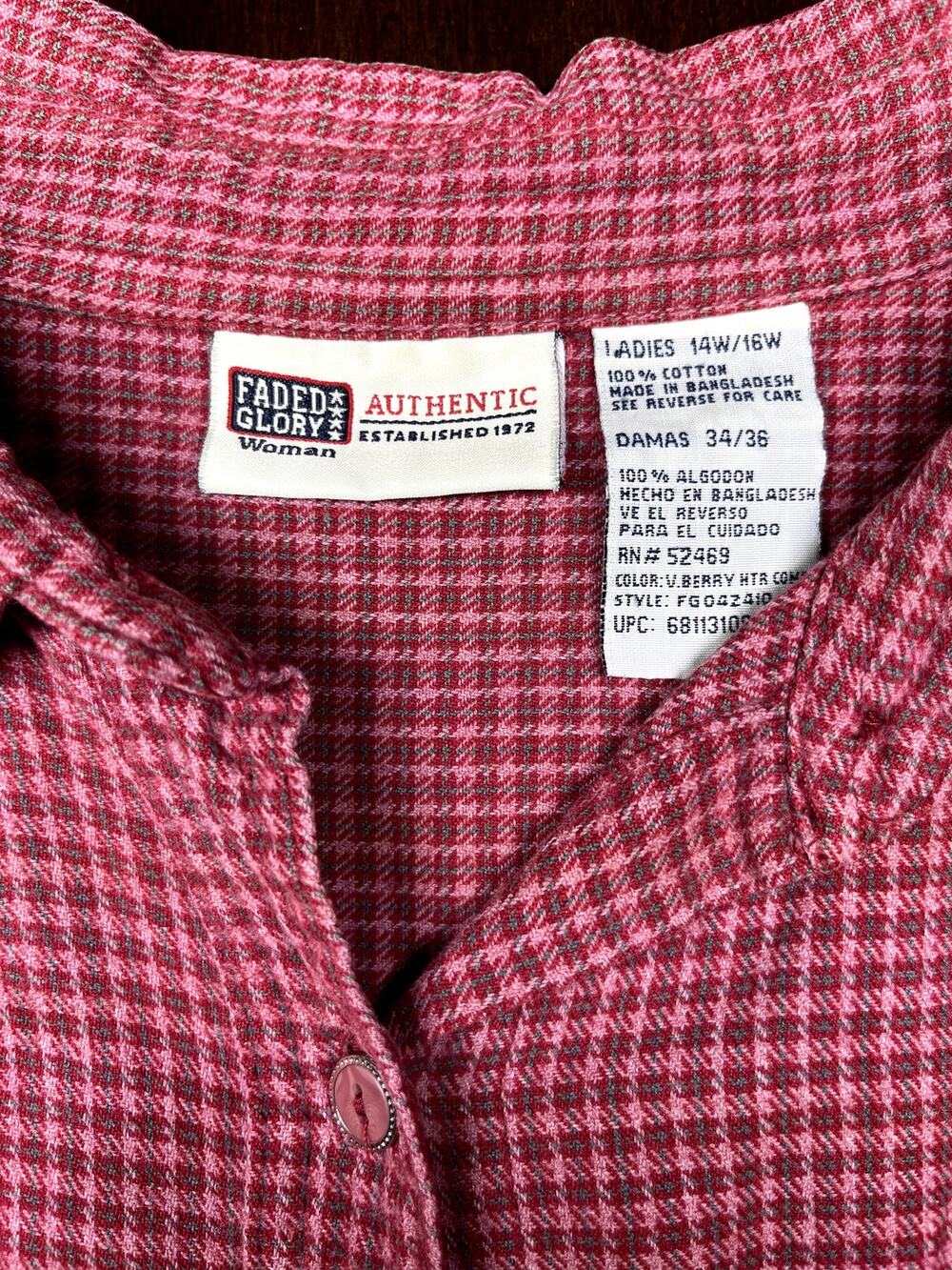 Faded Glory 14W 16W Red Micro Plaid Button Up 100% Cotton Y2K Preppy